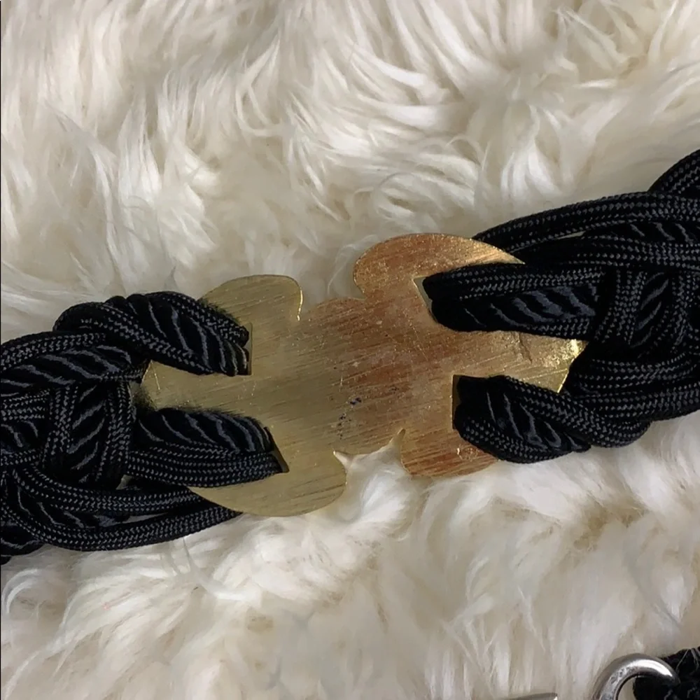 Vintage 80s Black Rope Gold Buckle Faux Pearl waist belt hook loop closure women